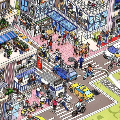 Colorful busy town illustration with people, cars, shops, and lively street activity