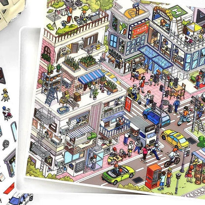 Colorful sticker sheet with busy city town scene, miniature people, buildings, and vehicles