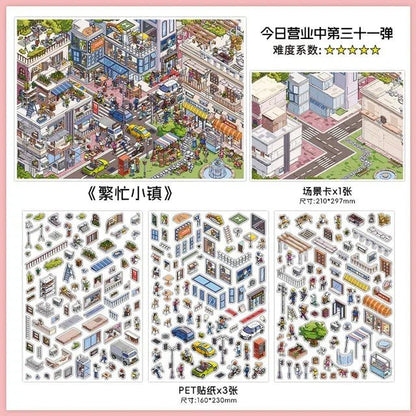 Miniature busy town scene stickers set with buildings, people, shops, vehicles for journaling.