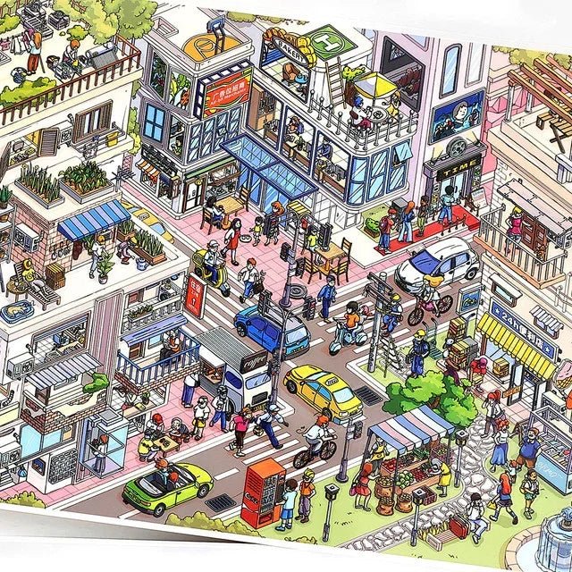 Colorful illustrated sticker sheet of a lively city street scene with shops, people, and cars.