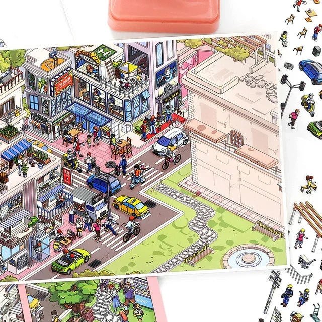 Colorful city scene sticker sheet with busy streets, buildings, and people for journaling crafts.