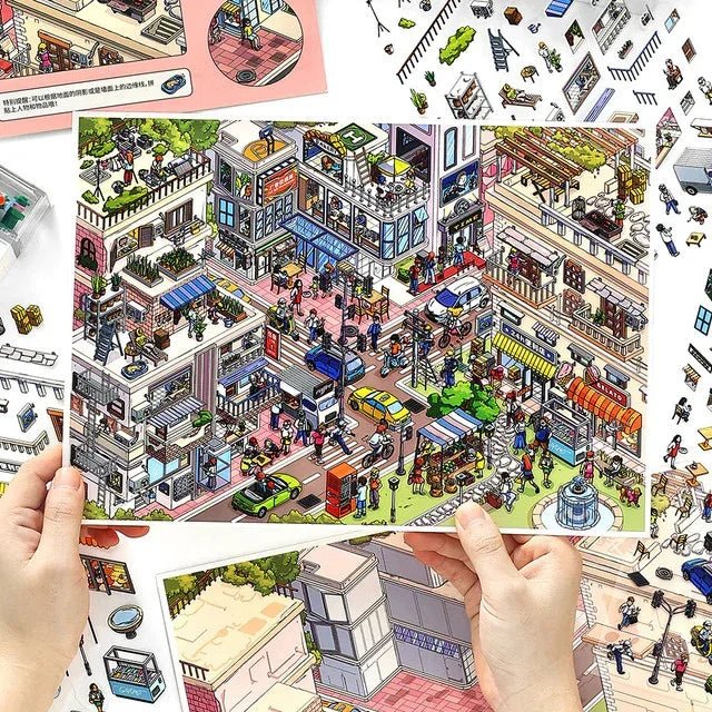 Colorful illustrated sticker sheet of a busy city street scene with buildings and people.