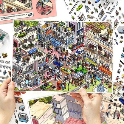 Colorful illustrated sticker sheet of a busy city street scene with buildings and people.