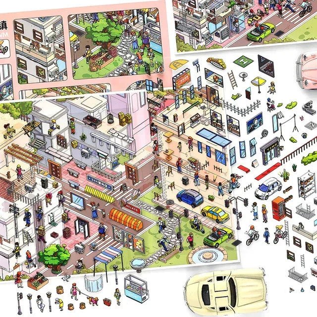 Colorful busy town scene sticker sheet with cartoon people, buildings, vehicles, and street details.
