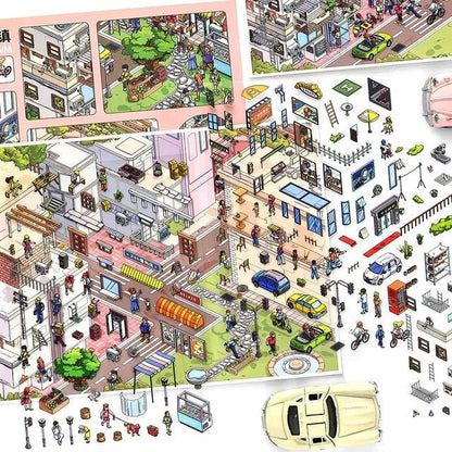 Colorful busy town scene sticker sheet with cartoon people, buildings, vehicles, and street details.