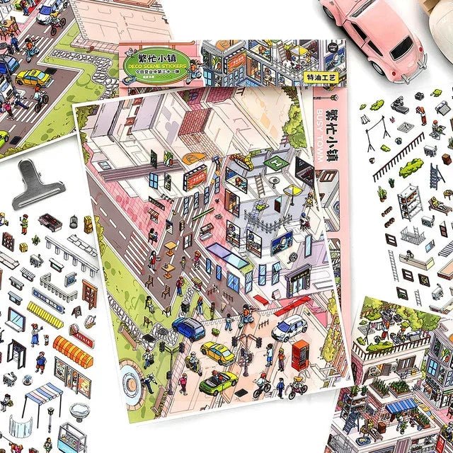 Busy town scene stickers with colorful illustrated city buildings, vehicles, and people for journaling and scrapbooking.