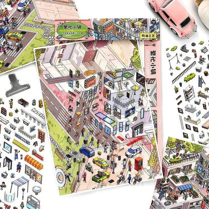 Busy town scene stickers with colorful illustrated city buildings, vehicles, and people for journaling and scrapbooking.