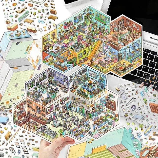 Colorful miniature office and pet shop stickers held above a laptop, perfect for journaling crafts.