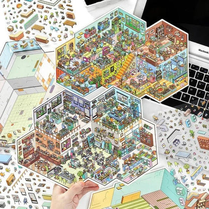 Colorful miniature office and pet shop stickers held above a laptop, perfect for journaling crafts.