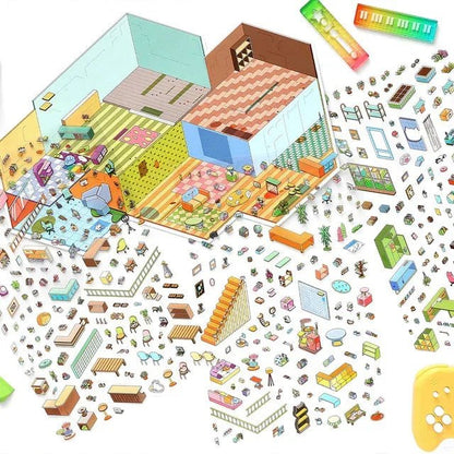 Colorful illustrated office scene sticker sheet featuring cute miniature animals, desks, and decor.