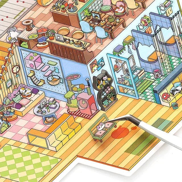 Colorful miniature pet shop and office scene sticker sheet with cute animals and decor.