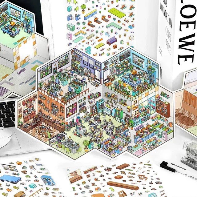 Colorful miniature office scene stickers with furniture, plants, and cute pet shop details.