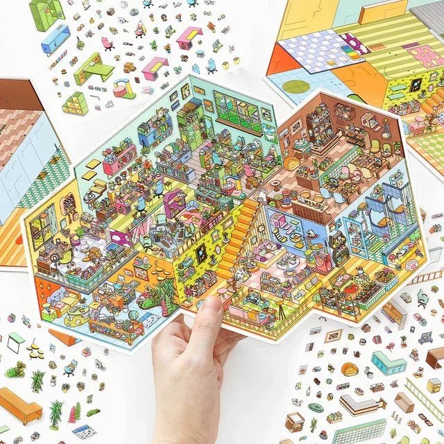 Hand holding colorful miniature office pet shop scene sticker sheet with cute animal details
