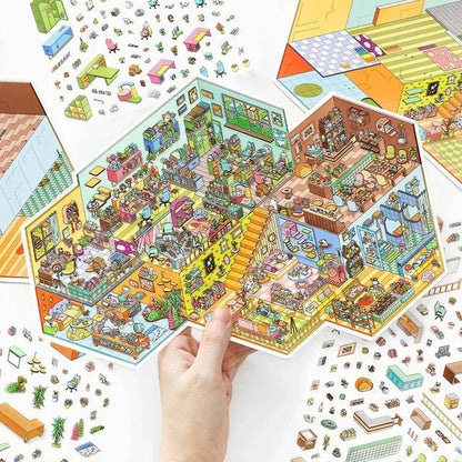 Hand holding colorful miniature office pet shop scene sticker sheet with cute animal details