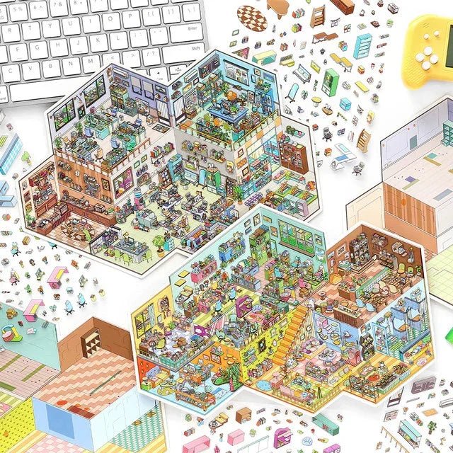 Colorful miniature pet shop office life scene stickers with tiny furniture and animals