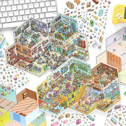 Colorful miniature pet shop office life scene stickers with tiny furniture and animals
