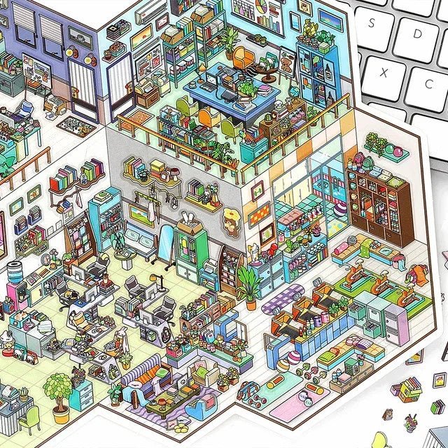 Colorful illustrated miniature office and pet shop scene sticker with cozy details.