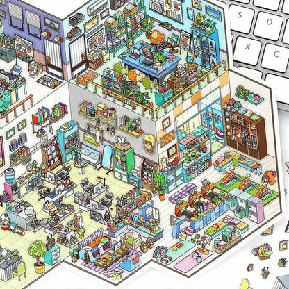 Colorful illustrated miniature office and pet shop scene sticker with cozy details.