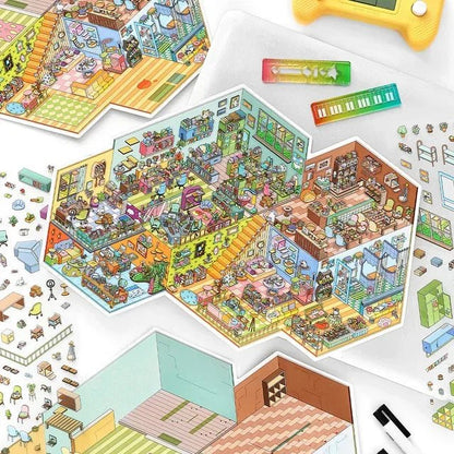 Colorful scene stickers featuring a detailed miniature pet shop office with playful decor.