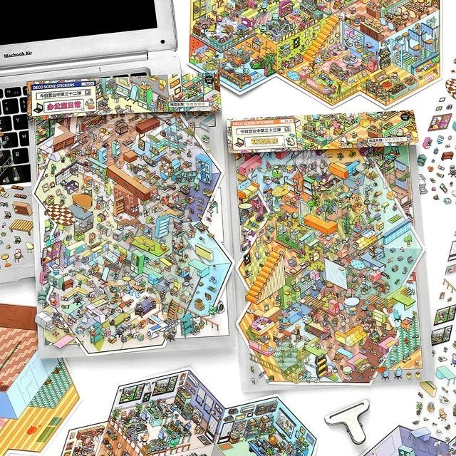 Colorful office and pet shop themed miniature scene stickers for journaling and crafts