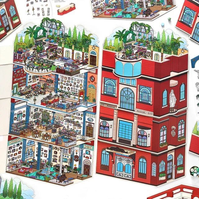 Miniature red building sticker with detailed art salon, lounge, library, rooftop garden