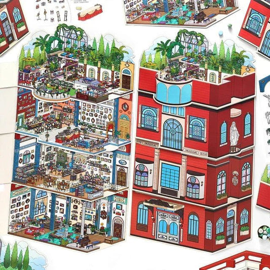 Miniature red building sticker with detailed art salon, lounge, library, rooftop garden