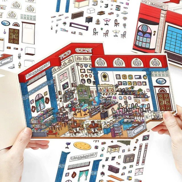 Miniature art salon diorama scene sticker set with detailed lounge, tables, and décor pieces.