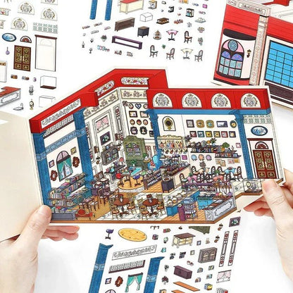 Miniature art salon diorama scene sticker set with detailed lounge, tables, and décor pieces.