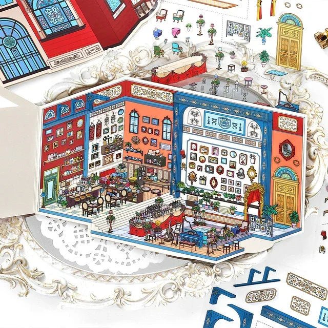 Colorful miniature art salon lounge sticker scene with vintage décor, frames, and furniture.