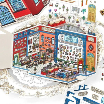 Colorful miniature art salon lounge sticker scene with vintage décor, frames, and furniture.
