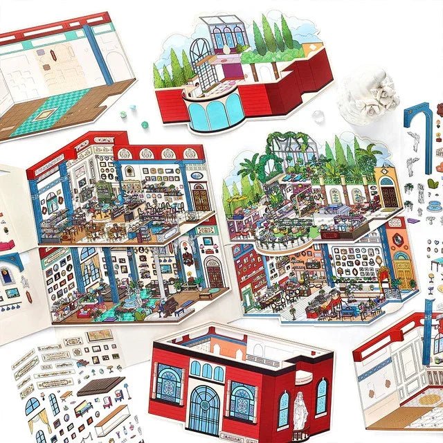 Colorful miniature art salon and lounge scene sticker set for journaling and scrapbooking