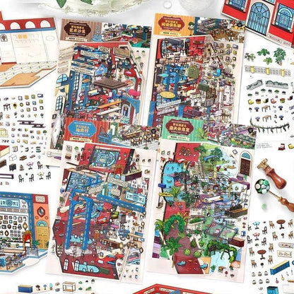 Colorful miniature scene stickers featuring art salon, library, cozy lounge, and furniture.