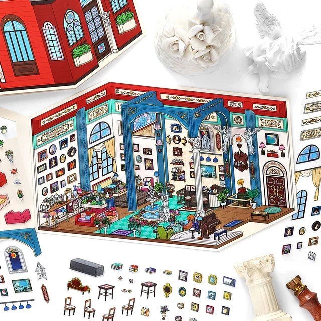 Miniature scene sticker set featuring an elegant art salon with furniture and decor pieces.