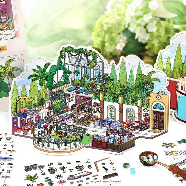 Colorful miniature art salon and reading lounge sticker diorama set with plants and cozy decor
