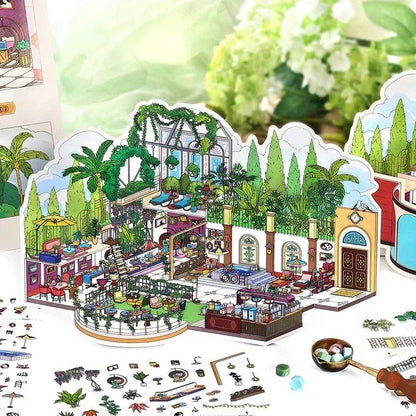 Colorful miniature art salon and reading lounge sticker diorama set with plants and cozy decor