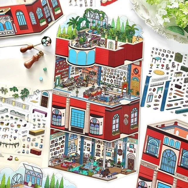 Miniature art salon and reading club scene sticker set with detailed lounge and furniture designs.