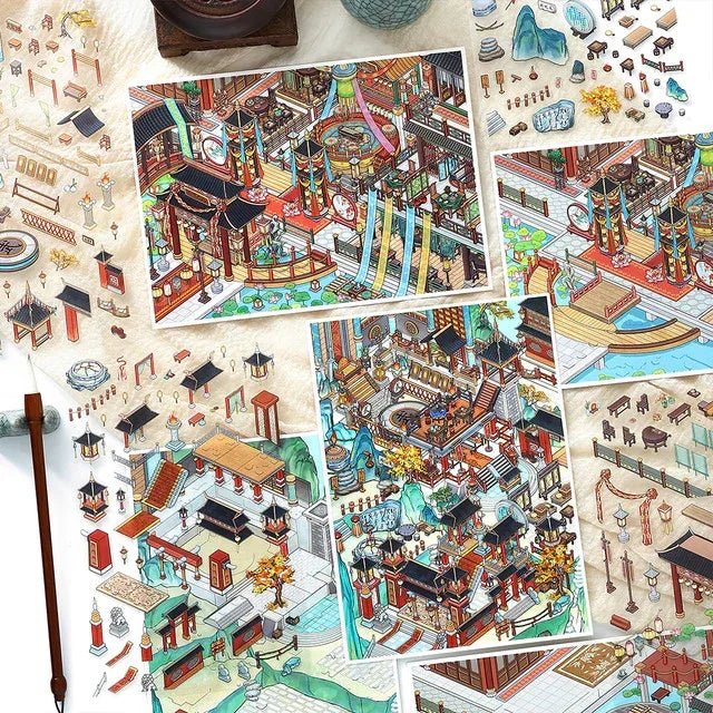 Colorful miniature scene stickers of intricate Asian-inspired cottages, gardens, and buildings.