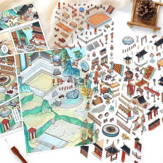 Asian-inspired miniature world scene stickers with temples, pavilions, and landscape elements.