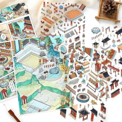 Asian-inspired miniature world scene stickers with temples, pavilions, and landscape elements.