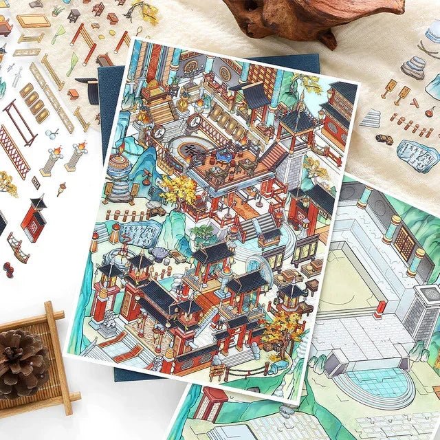 Colorful Asian-inspired sticker sheet featuring intricate miniature cottage scene, perfect for journaling and scrapbooking.
