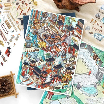 Colorful Asian-inspired sticker sheet featuring intricate miniature cottage scene, perfect for journaling and scrapbooking.