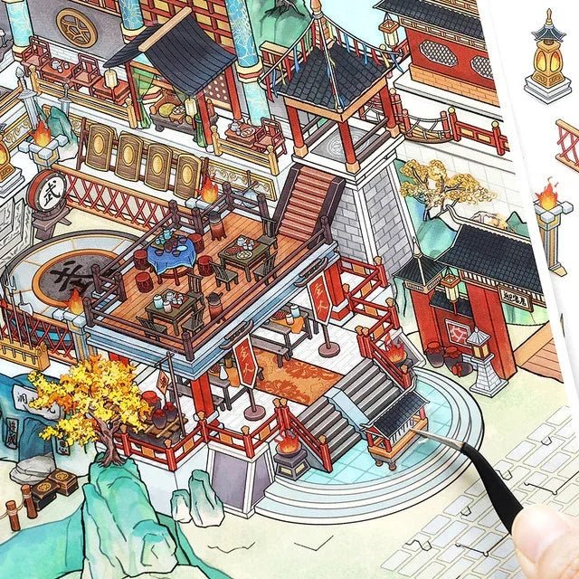 Intricate Asian-inspired cottage scene sticker with detailed architecture and vibrant colors