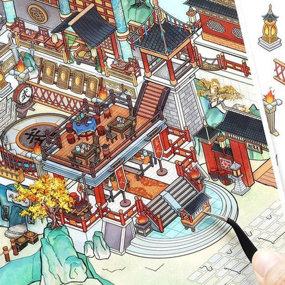 Intricate Asian-inspired cottage scene sticker with detailed architecture and vibrant colors