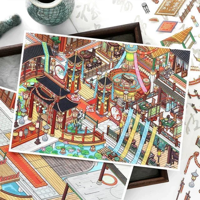 Colorful miniature scene sticker with detailed Asian-inspired architecture and garden.
