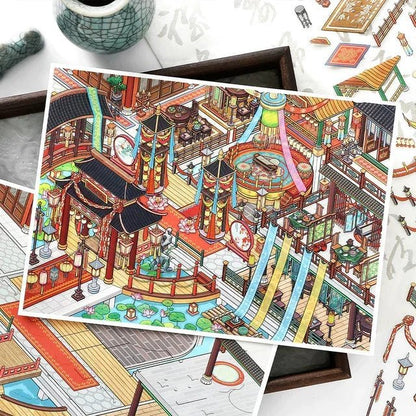 Colorful miniature scene sticker with detailed Asian-inspired architecture and garden.