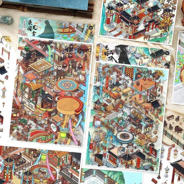 Colorful scene stickers featuring intricate miniature Asian architecture designs for journaling