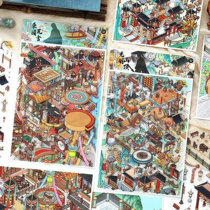 Colorful scene stickers featuring intricate miniature Asian architecture designs for journaling