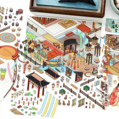 Colorful Asian-style miniature scene stickers with pavilions, lanterns, and courtyard décor.