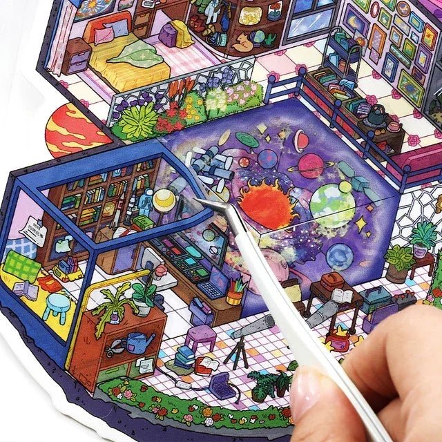 Hand peeling illustrated scene sticker featuring colorful miniature rooms and space-themed decor.