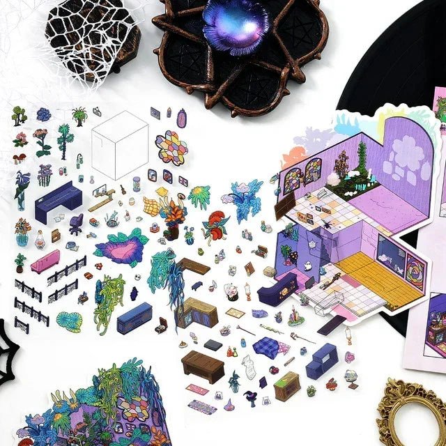 Colorful miniature room stickers with furniture, plants, and decor for journaling crafts